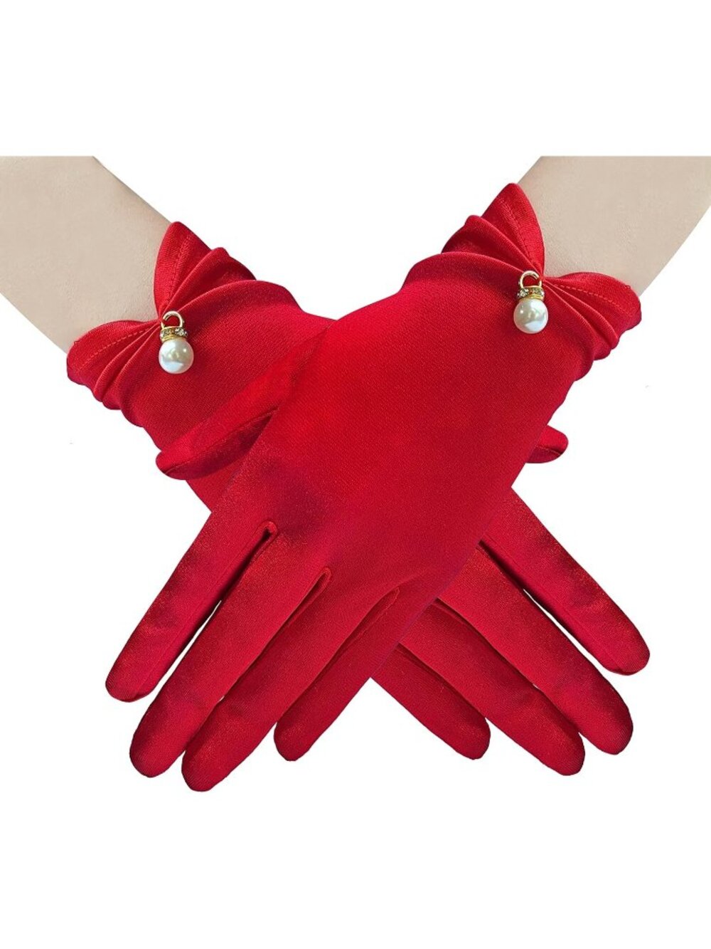 Women  Red Elegant Pearl Short Opera Dinner Halloween Floral Lace Gloves